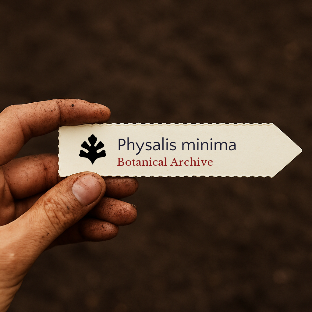Printed plant label for Physalis minima held by dirty hand against soil background