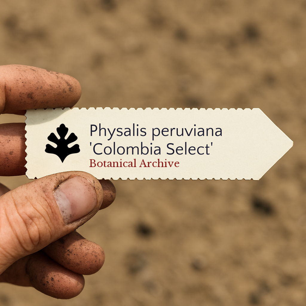 Printed plant label for Physalis peruviana 'Colombia Select' held by dirty hand outdoors