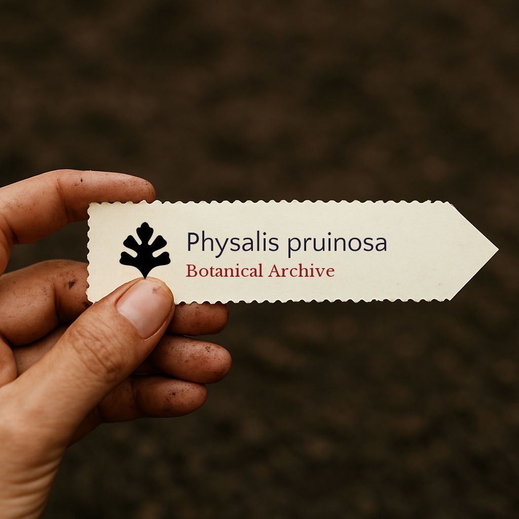 Etichetta stampata per pianta di Physalis pruinosa tenuta a mano con sfondo di terreno