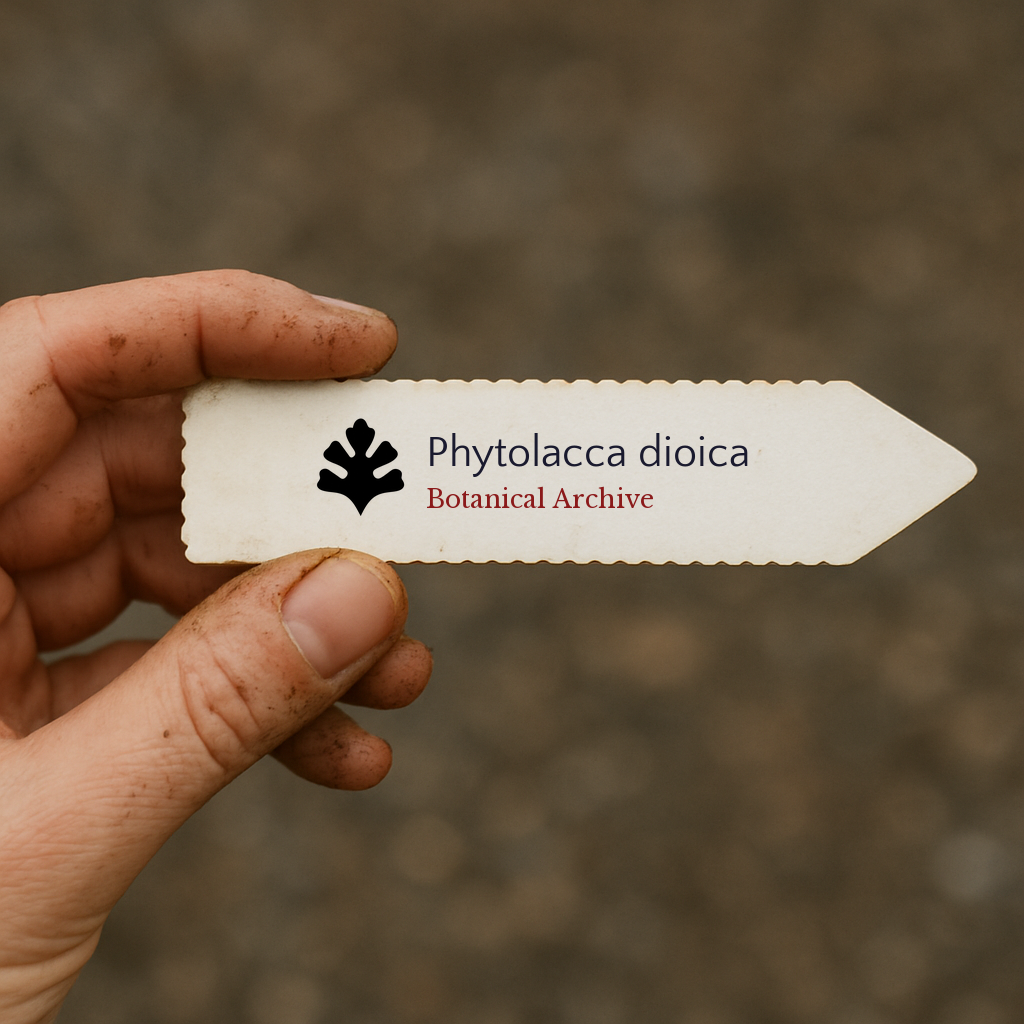 Printed plant label for Phytolacca dioica held by hand with soil background