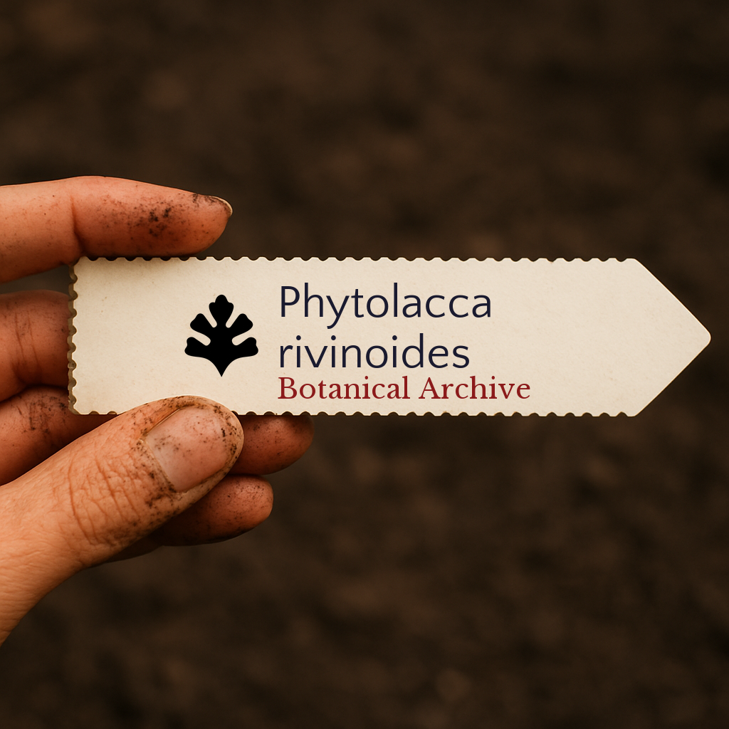 Etichetta stampata per pianta di Phytolacca rivinoides tenuta da mano sporca su sfondo di terreno