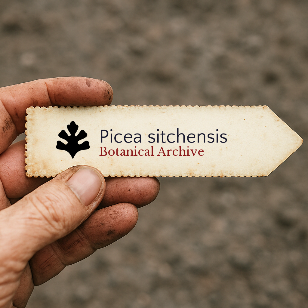 Etichetta per piante in stile vintage stampata per Picea sitchensis tenuta in mano con sfondo di terra