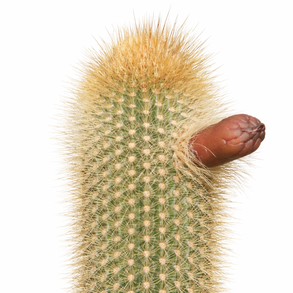 Pilosocereus chrysothele var. rubrispinus cactus with dense golden spines and developing fruit