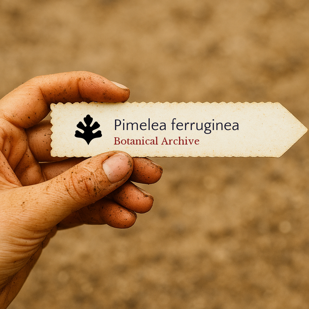Printed plant label for Pimelea ferruginea held by dirty hand with soil background