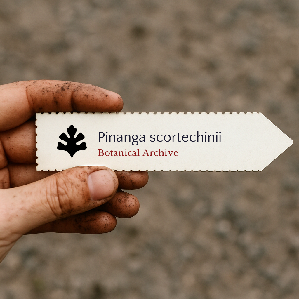 Etichetta per pianta stampata per Pinanga scortechinii tenuta da una mano sporca all'aperto