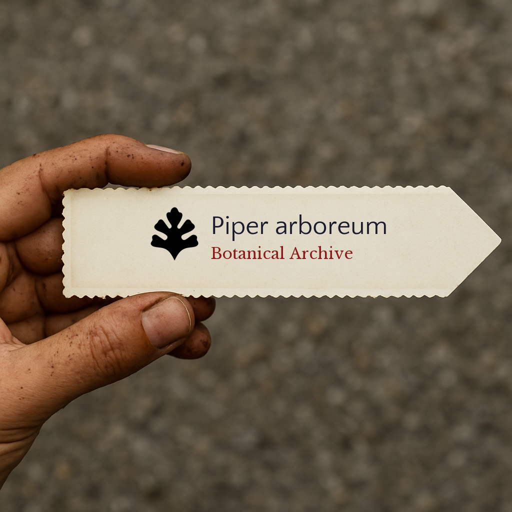 Printed plant label for Piper arboreum with botanical archive logo held by hand