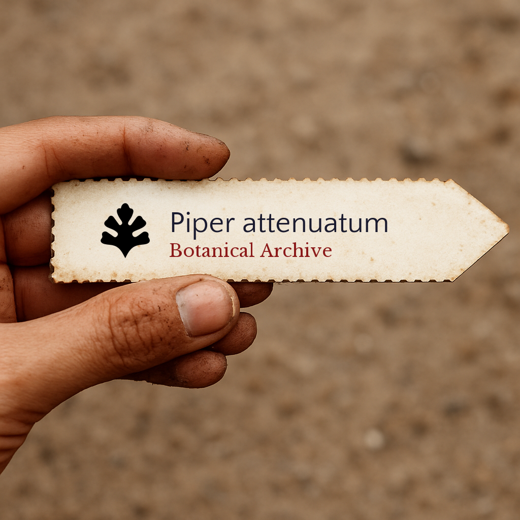 Printed plant label for Piper attenuatum held by hand with dirt background