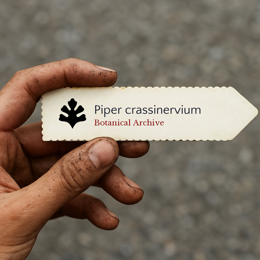 Printed plant label for Piper crassinervium held by dirty hand on blurred background