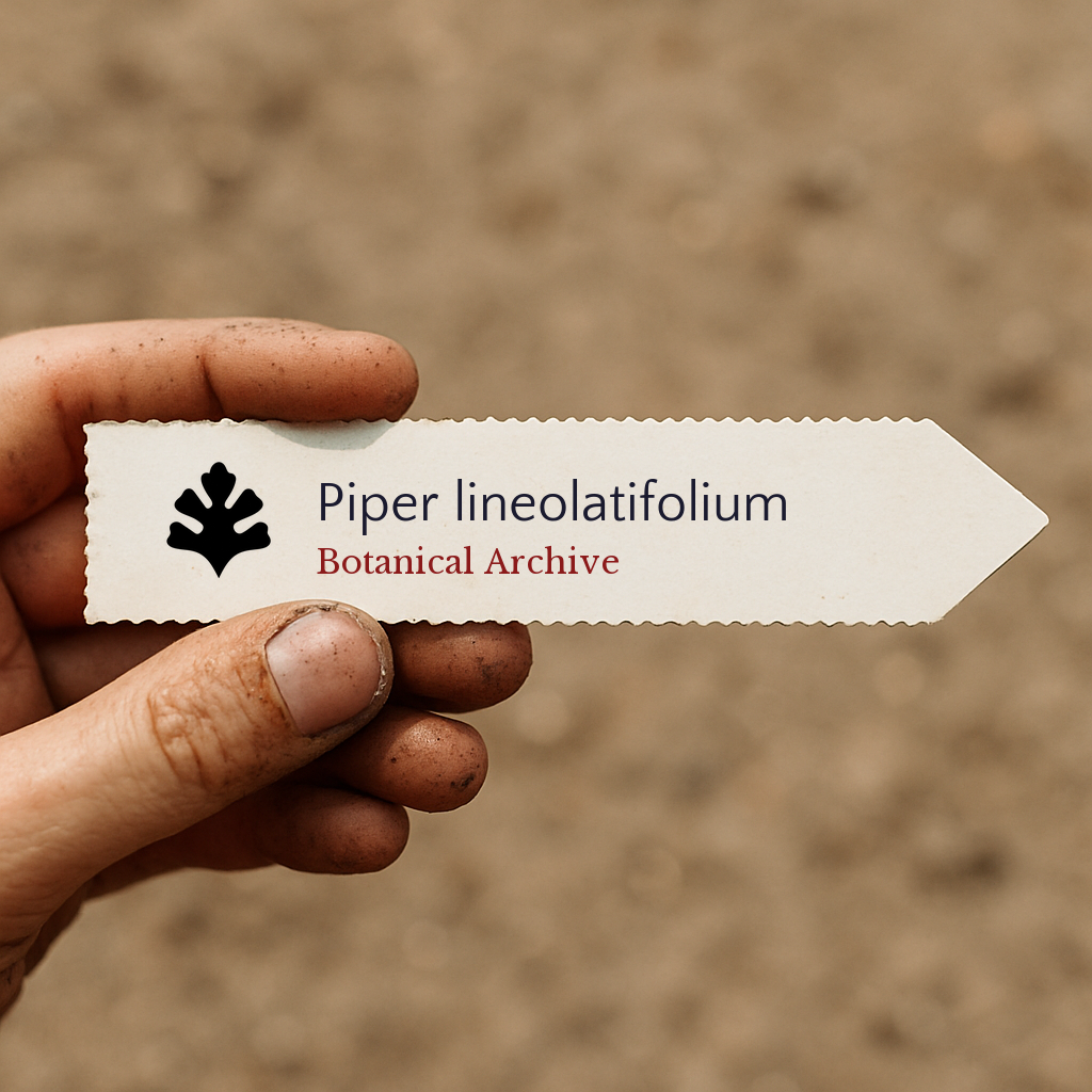 Printed plant label for Piper lineolatifolium held by dirty hand against soil background