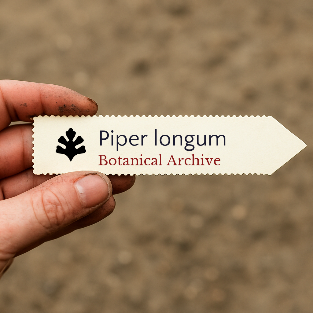 Printed plant label for Piper longum Botanical Archive held by hand with soil background