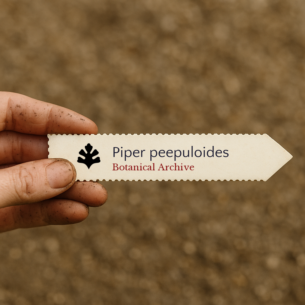 Printed plant label for Piper peepuloides held by hand with soil background