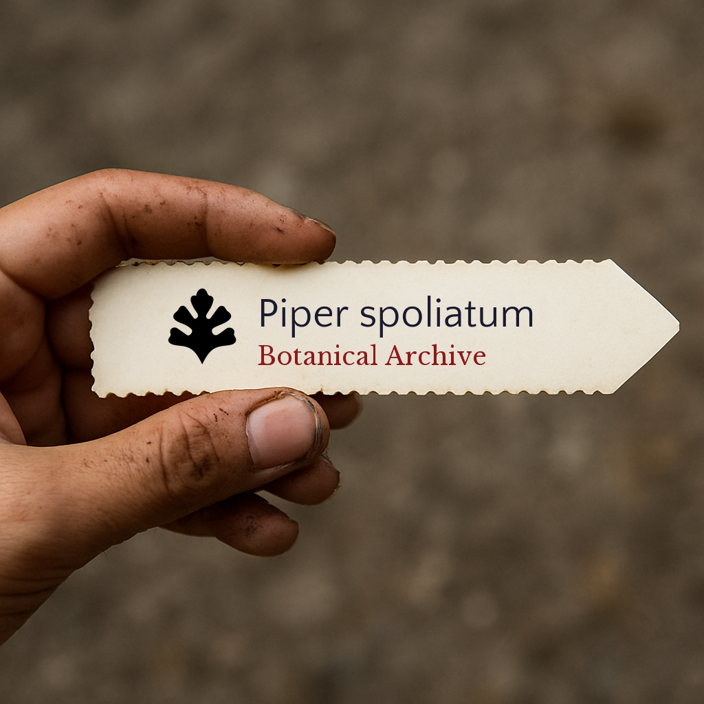 Etichetta per pianta stampata di Piper spoliatum tenuta a mano con sfondo di terra