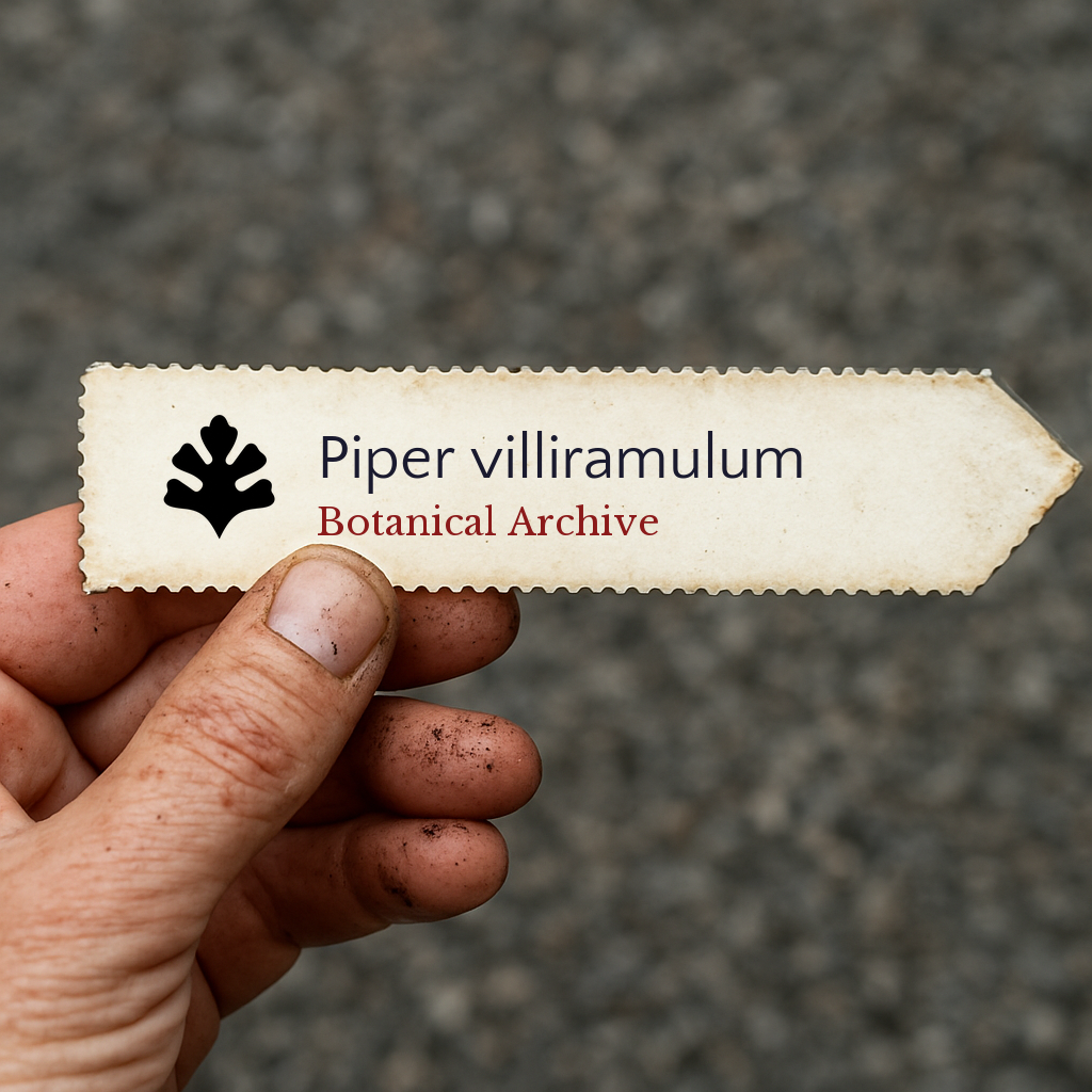 Etichetta per pianta stampata per Piper villiramulum tenuta da una mano sporca all'aperto
