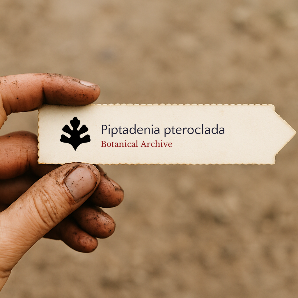 Printed plant label for Piptadenia pteroclada held by dirty hand outdoors