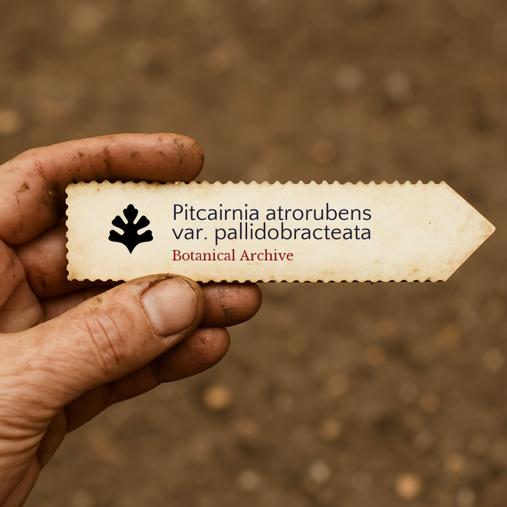 Vintage botanical archive paper plant label for Pitcairnia atrorubens var. pallidobracteata held in hand