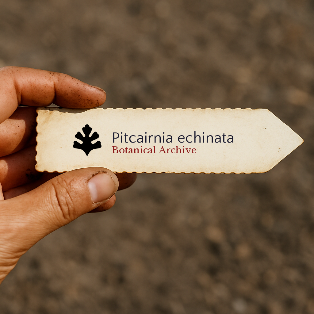 Etichetta per pianta stampata per Pitcairnia echinata tenuta a mano con sfondo di terra