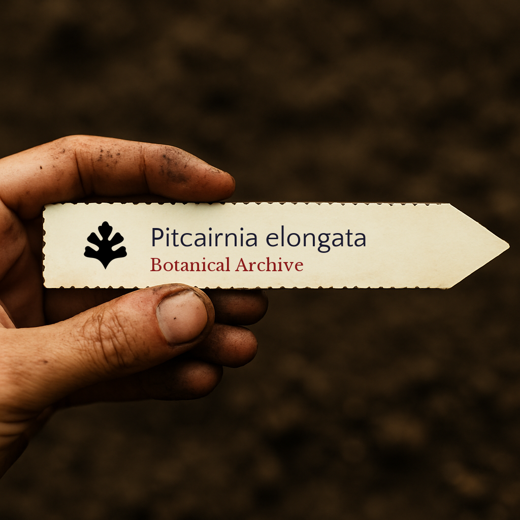 Etichetta stampata per pianta Pitcairnia elongata tenuta da mano sporca su sfondo di terreno