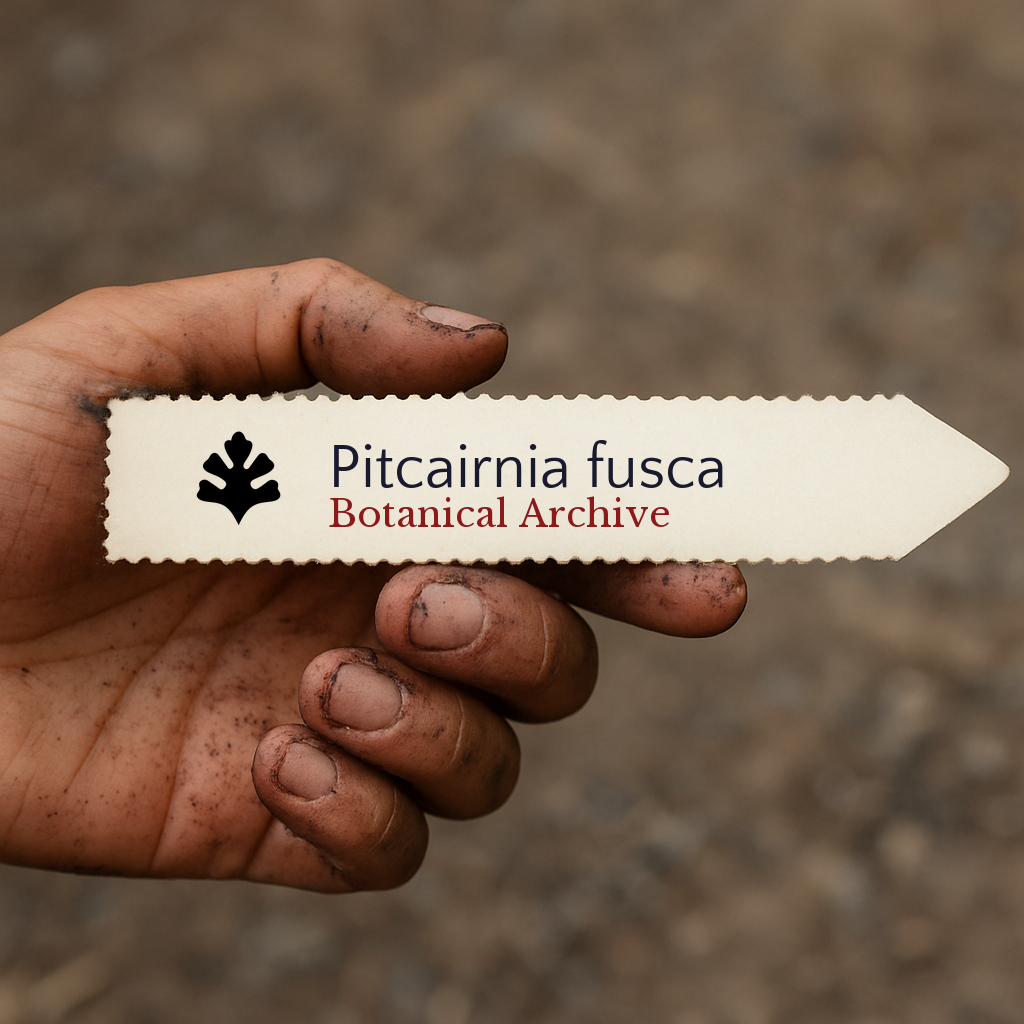 Printed plant label for Pitcairnia fusca held by a dirt-covered hand outdoors