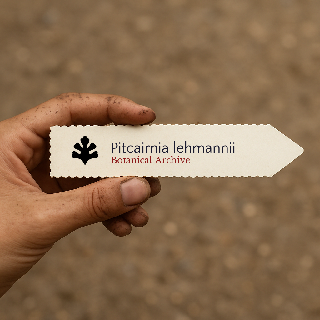 Printed plant label for Pitcairnia lehmannii held by dirty hand against soil background