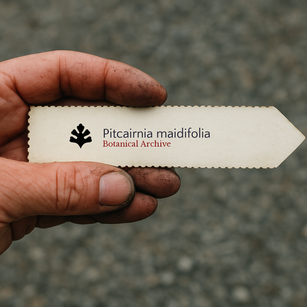 Printed plant label for Pitcairnia maidifolia held by hand with dirt on fingers