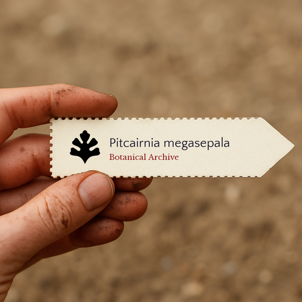 Printed plant label for Pitcairnia megasepala held by hand with soil background