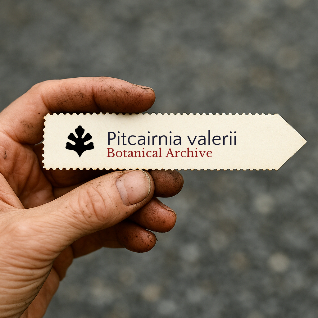 Printed plant label for Pitcairnia valerii held by a dirty hand outdoors