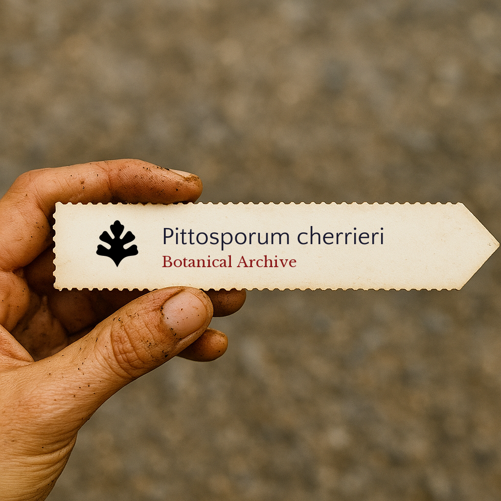 Printed plant label for Pittosporum cherrieri held by dirty hand outdoors