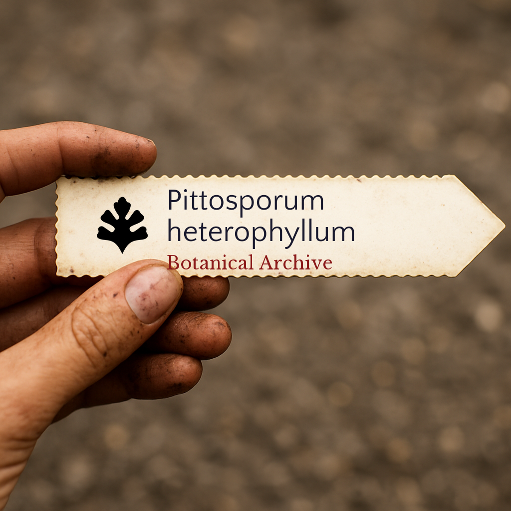 Etichetta per pianta stampata per Pittosporum heterophyllum tenuta da mano sporca all'aperto