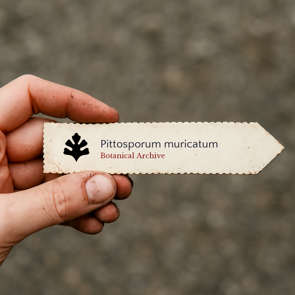 Etichetta vegetale stampata per Pittosporum muricatum con logo Botanical Archive tenuta a mano