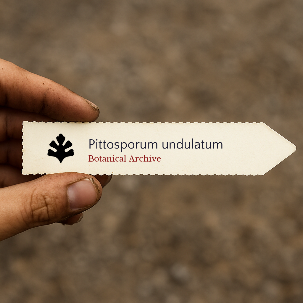 Printed plant label for Pittosporum undulatum with botanical archive logo held by hand