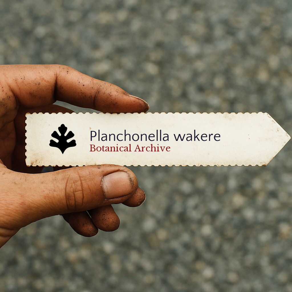 Printed plant label for Planchonella wakere held by dirty hand outdoors