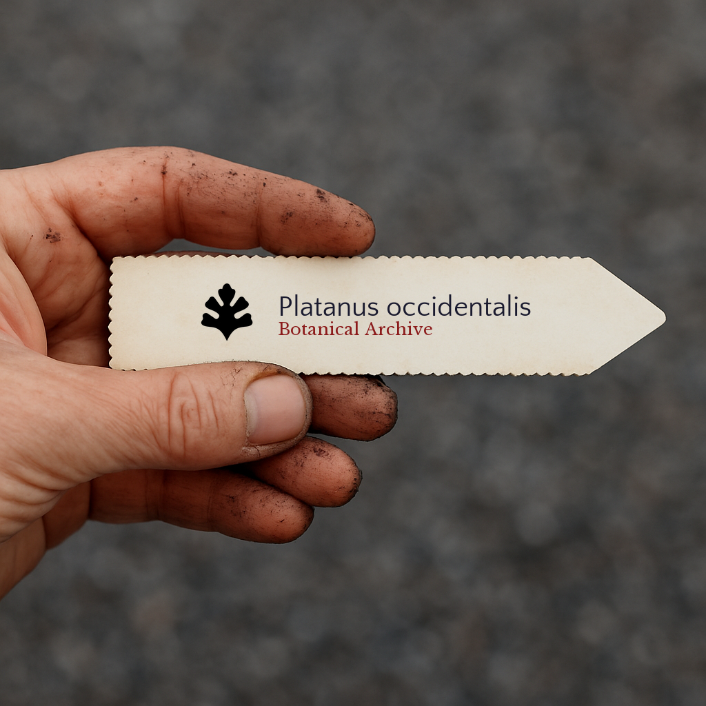 Printed plant label for Platanus occidentalis held by a gardener with dirty hands