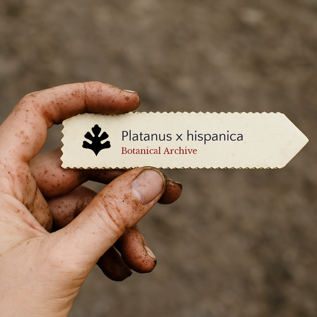 Printed plant label for Platanus x hispanica held by dirty hand against soil background