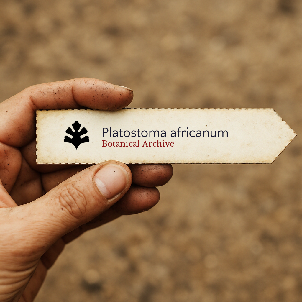 Printed plant label for Platostoma africanum held by hand with soil background