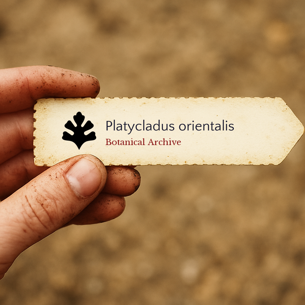 Etichetta per pianta stampata per Platycladus orientalis tenuta in mano con sfondo di terreno