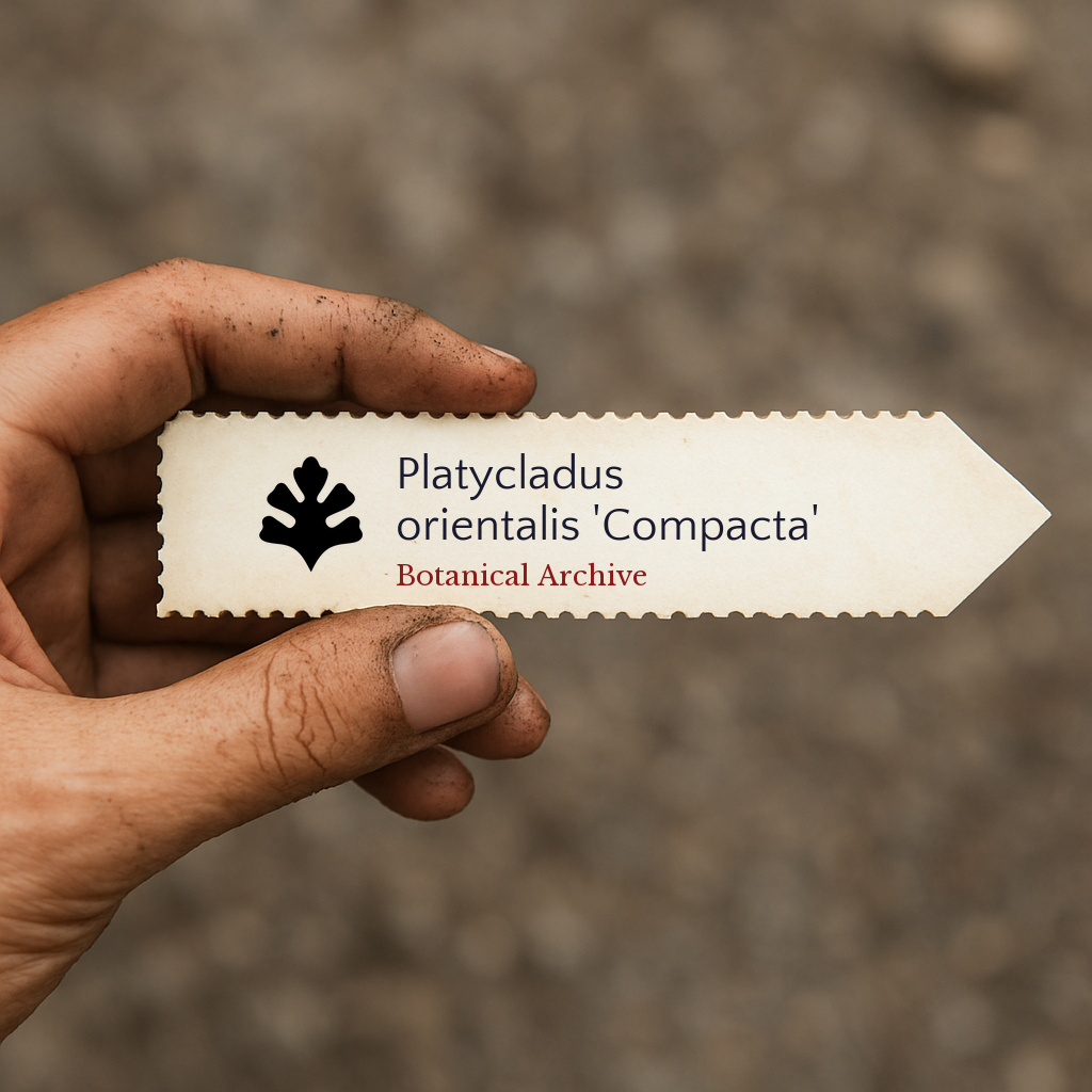 Printed plant label for Platycladus orientalis 'Compacta' held by dirty hand outdoors