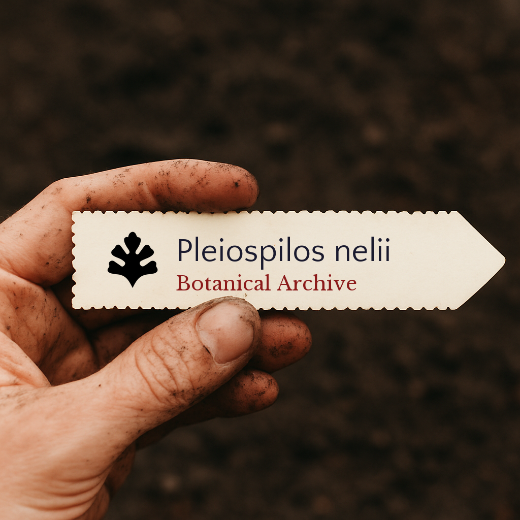 Etichetta stampata per pianta di Pleiospilos nelii tenuta da mano sporca su sfondo di terreno