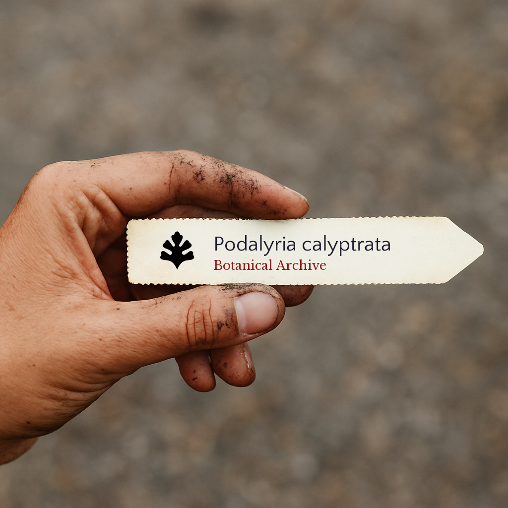 Etichetta per pianta stampata di Podalyria calyptrata tenuta da mano sporca all'aperto