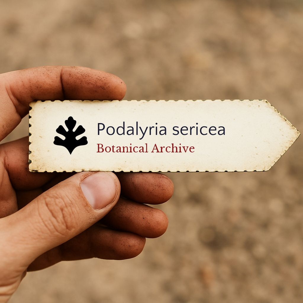 Printed plant label for Podalyria sericea with botanical archive logo held by hand