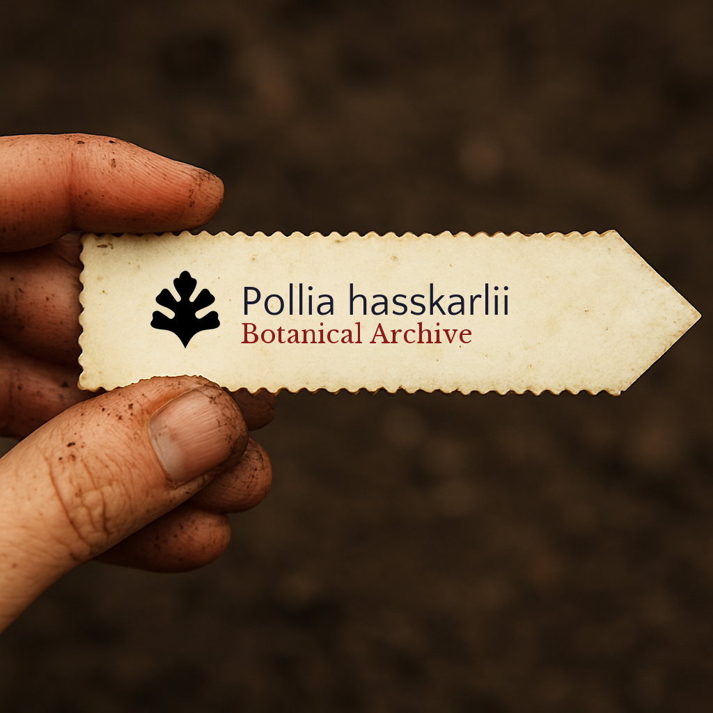 Printed plant label for Pollia hasskarlii held by dirty hand over soil background