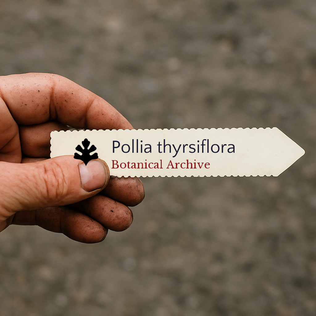 Etichetta stampata della pianta Pollia thyrsiflora tenuta da una mano con dita macchiate di terra