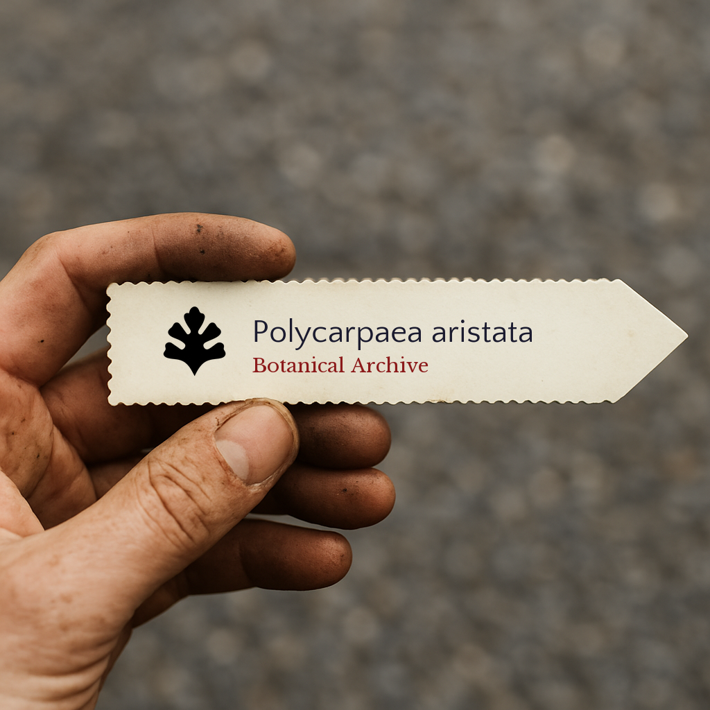 Printed plant label for Polycarpaea aristata with botanical archive logo held by dirty hand