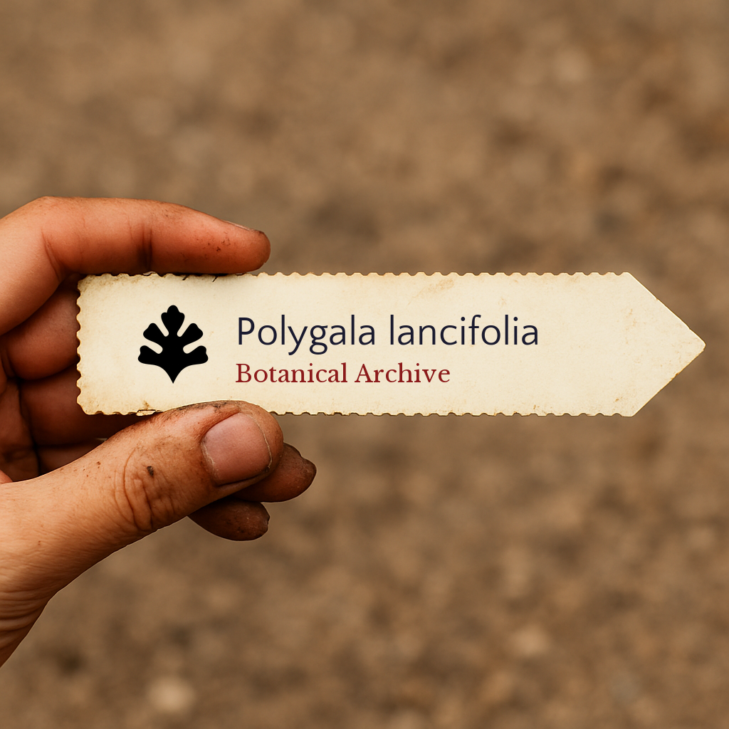 Printed plant label for Polygala lancifolia held by hand with soil background