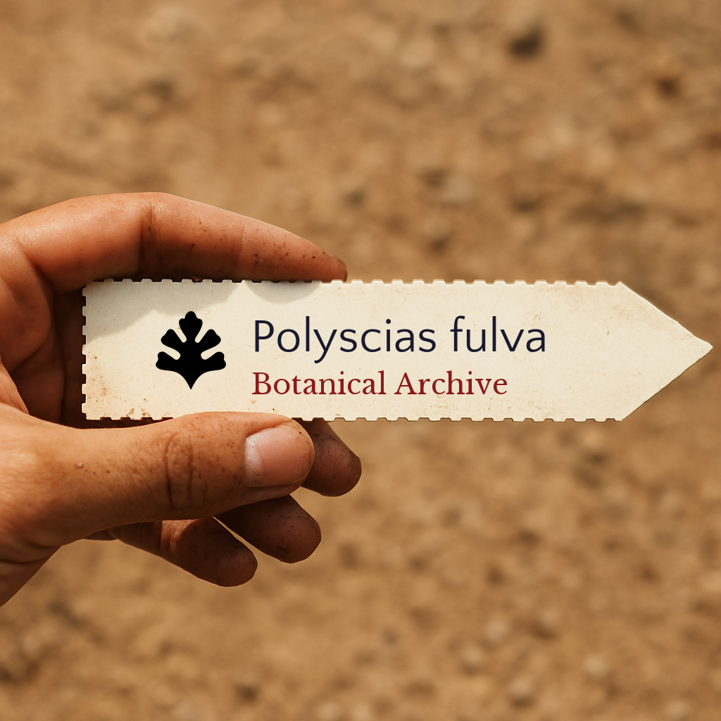 Etichetta per pianta stampata per Polyscias fulva tenuta a mano con sfondo di terreno