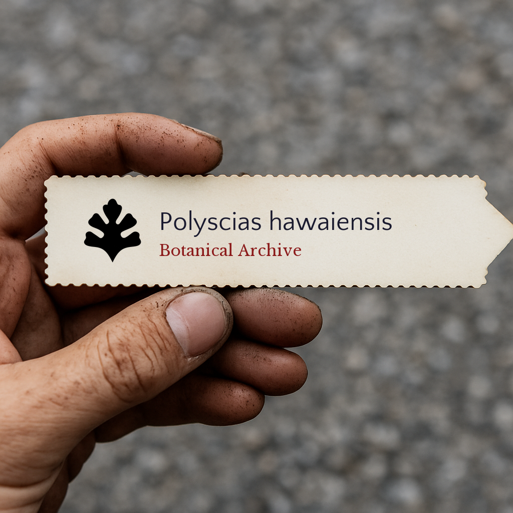 Printed plant label for Polyscias hawaiensis with botanical archive logo held by hand