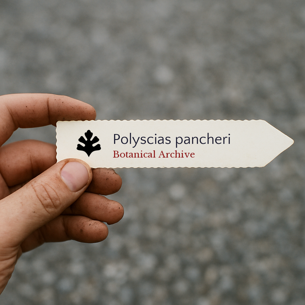 Printed plant label for Polyscias pancheri held by hand with dirt background