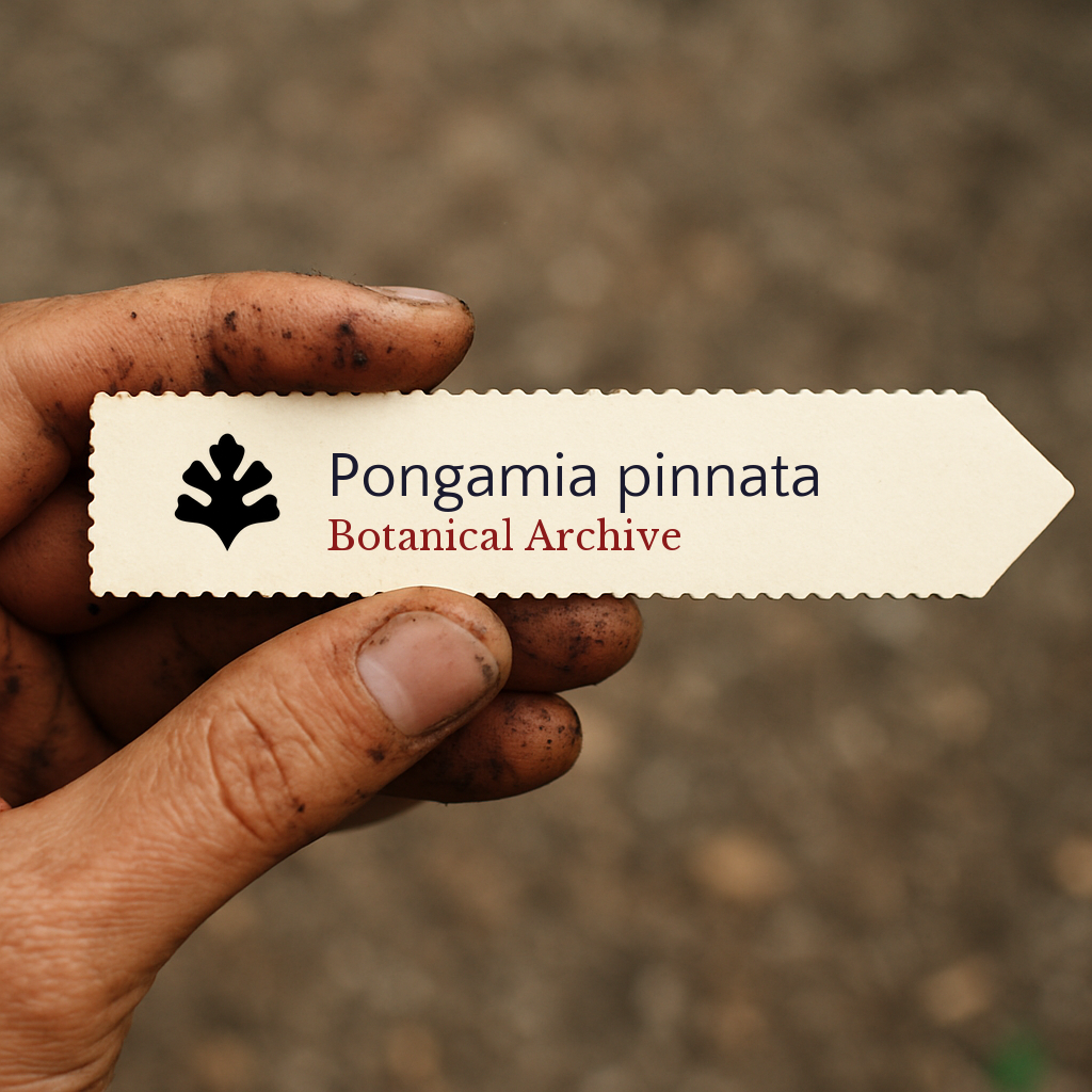 Printed plant label for Pongamia pinnata held by dirty hand outdoors