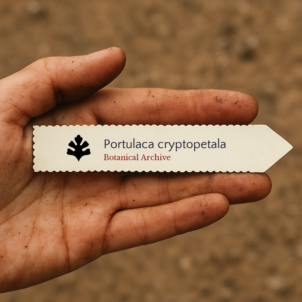 Etichetta vegetale stampata per Portulaca cryptopetala tenuta in una mano sporca all'aperto