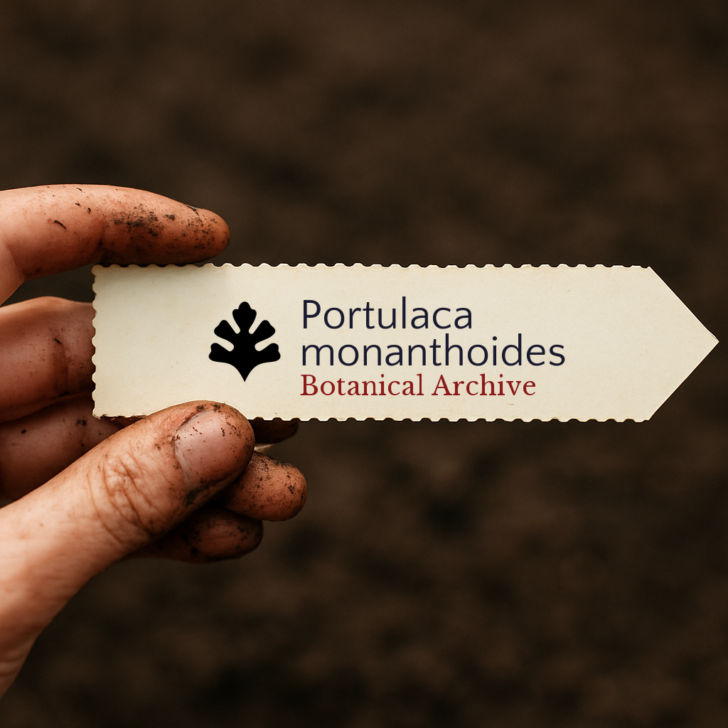 Printed plant label for Portulaca monanthoides with botanical archive logo held by dirty hand