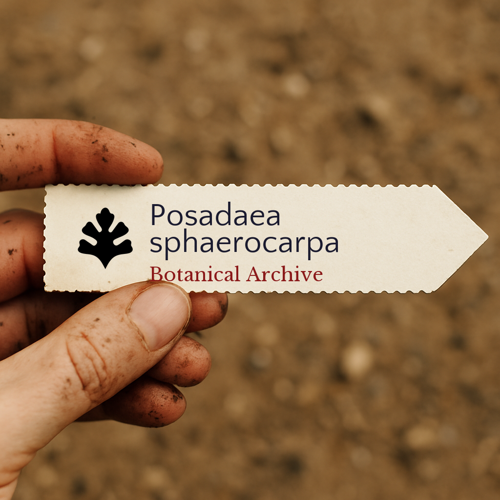 Printed plant label for Posadaea sphaerocarpa held in dirty hand over soil background
